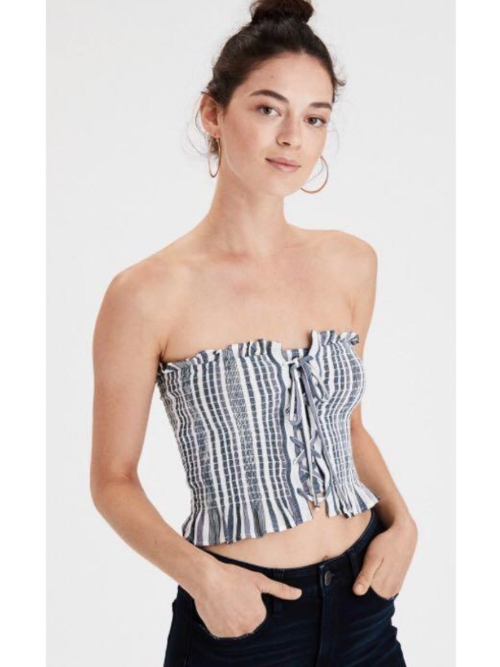 American Eagle Striped Woven Smocked Lace-Up Strapless Crop Tank Blue Medium